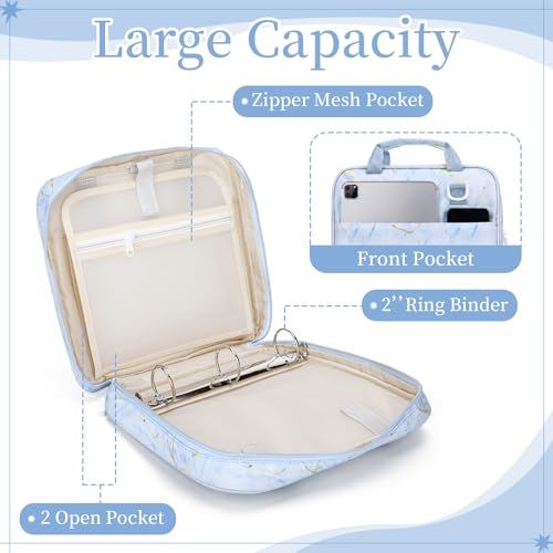 Zipper Binder Folder Keeper with Strap 2 Inch 3 Ring Multi-Pocket Zipper Bag for 13" Laptop 5-tab Expanding File Folder for Women Men Office Middle High School(Blue,Marble) - color: Blue, style: Marble