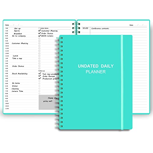 Undated Daily Planner - Undated Planner with Hourly Schedules, Action Items and Follow-up, A4 Daily Organizer Notebook to Increase Productivity, Appointment Book for Time Management, 8.5 × 11 Inch - color: Turquoise