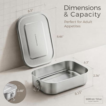 G.a HOMEFAVOR Stainless Steel Bento Lunch Box, 1600 ml/54 oz | Leak-Proof, Dishwasher Safe, BPA-Free, with Lock Clips, Large Capacity, Meal Prep, for Adults - size: 1600 ml - No Compartments