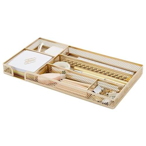 Annova Desk Drawer Organizer Tray for Office Organization - Metal Mesh - Storage Tray with Dividers for Pens, Desktop Accessories, Bathroom, Kitchen, Makeup and Office Supplies (Small, Gold) - color: Gold, size: 11.4" x 6.3" x 1.2"