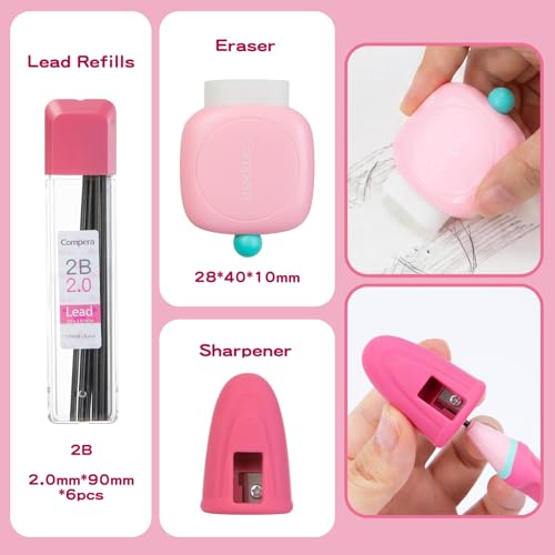 Ergonomic Pencil Set, 2.0mm HB Mechanical Pencils for Kids, School Supplies Include Sharpener, Eraser & 6 Extra Leads – Handwriting Aid for Preschool, Kindergarten, Homes, Pink, L - color: Pink