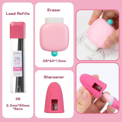 Ergonomic Pencil Set, 2.0mm HB Mechanical Pencils for Kids, School Supplies Include Sharpener, Eraser & 6 Extra Leads – Handwriting Aid for Preschool, Kindergarten, Homes, Pink, L - color: Pink