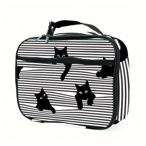 Cute Cat Striped Black White Lunch Box Insulated Reusable Lunch Bag Tote Cooler for Women Men Boy Girl School Work Office Picnic - color: Cat Black And White Striped