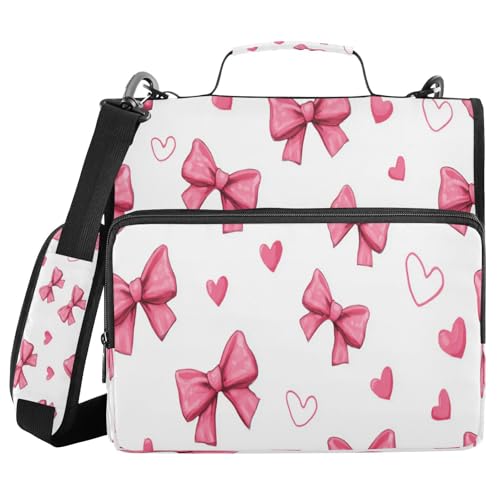 Caikeny 3 Ring Zipper Binder Pink Bows Hearts Red Lovely 1.5 inch Binders Bag Expanding File Pockets with Shoulder Strap and Handle - color: Multicolored 1z83.11