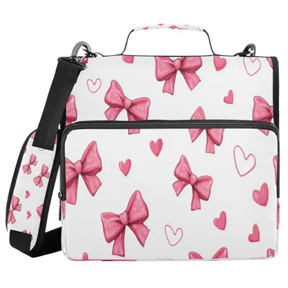 Caikeny 3 Ring Zipper Binder Pink Bows Hearts Red Lovely 1.5 inch Binders Bag Expanding File Pockets with Shoulder Strap and Handle - color: Multicolored 1z83.11