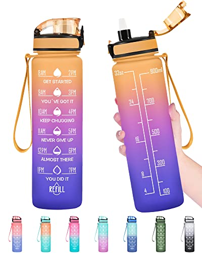 Enerbone Water Bottle, Leakproof BPA & Toxic Free, Motivational Water Bottle with Times to Drink and Straw, Fitness Sports Water Bottle with Strap for Office, Gym, Outdoor Sports - color: Orange Blue, size: 32 Ounces