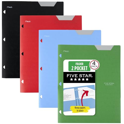 Five Star 2-Pocket Plastic Folder with Stay-Put Tabs, Fits 3-Ring Binder, Holds 8.5" x 11" Paper, Assorted Colors, 4 Pack (333420A) - color: Green, Blue, Red, Black, size: 4 Count