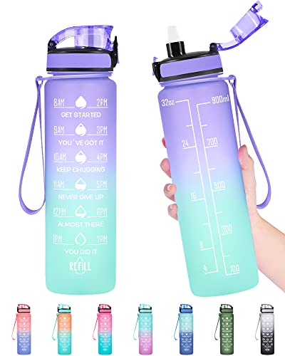 Enerbone Water Bottle, Leakproof BPA & Toxic Free, Motivational Water Bottle with Times to Drink and Straw, Fitness Sports Water Bottle with Strap for Office, Gym, Outdoor Sports - color: Light Purple Green, size: 32 Ounces