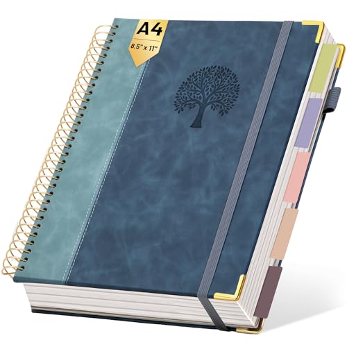 Yoment Hardcover Spiral Notebook 8.5" x 11" Leather 5 Subject Notebook College Ruled with Dividers Tabs 300 Pages Large Spiral Journal Notebooks for Work School Note-Taking Business, Gray Blue - color: Gray Blue