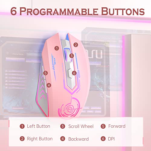 UHURU Gaming Mouse, Wireless Gaming Mouse with 6 Buttons 7 Changeable LED Color up to 10000 DPI, Rechargeable USB Gamer Mouse for PC Laptop (Pink) - color: pink