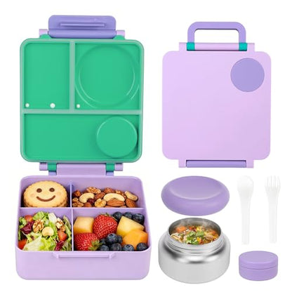 FOOYOO Bento Lunch Box Set for Kids & Adults, Leakproof 4-Compartment Container with Insulated Stainless Steel Food Jar, Utensils, BPA-Free, Microwave & Dishwasher Safe for School Work Travel（Purple） - color: Purple