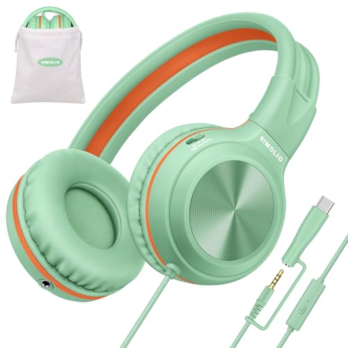 SIMOLIO Kids Wired Headphones with Microphone, USB C to 3.5mm Dongle, 3-Level Safe Volume, Stereo Corded Headphone for Girls Boys, Plug in Headphones for School Tablet Online Learning Airplane, Green - color: Fresh Green