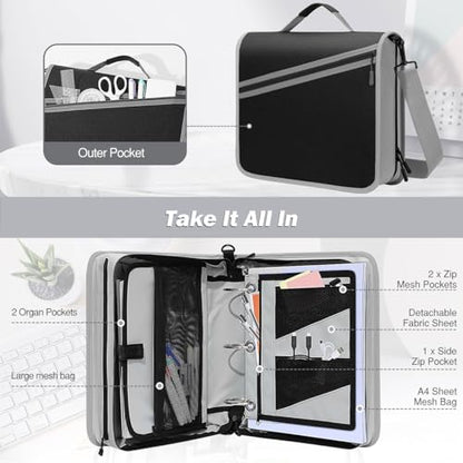 MoKo Zipper Binder with Strap, 3 Inch 3 O Ring, 600 Sheets, Black & Gray | Water-repellent Oxford fabric with 2 folders, removable file pockets, reinforced handle and adjustable shoulder strap. - color: Black & Gray