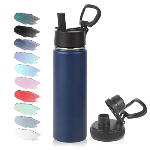 Volhoply 20oz Insulated Stainless Steel Water Bottle with Straw Lid, Kids Wide Mouth Double Wall Vacuum Cups with Handle,Reusable Outdoor Sports Metal Bottles,Travel Flask Keep Cold&Hot(Navy,1) - color: Nvay
