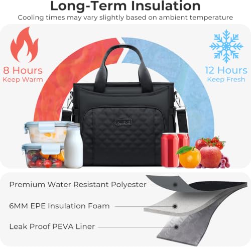 AIJIEKE Large Insulated Lunch Bag for Women Men, Work Lunch Box Tote, Black | Leakproof, durable multi-compartment cooler. Reusable with shoulder strap. Perfect for travel meal prep, picnic, beach - color: Black