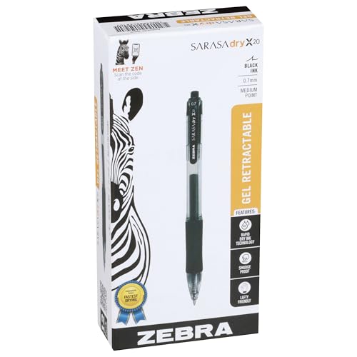Zebra Pen Sarasa Dry X20 Retractable Gel Pens, 0.7mm Medium Point, Black Ink with Rapid Fast Dry Ink Technology, Ideal for the Left-Handed, Eliminates Smudging and Smearing in Seconds, 12-Pack (46810) - color: Black B