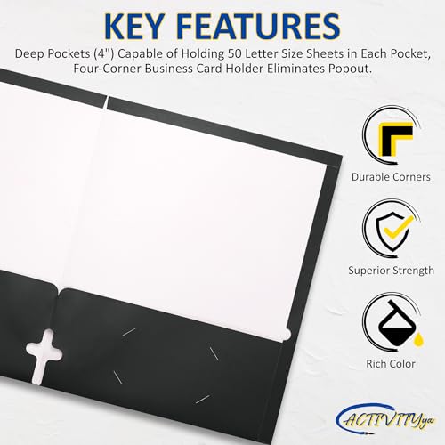 10 Pack Two Pocket Folders, Black, Strong Thick Paper Folders, for Letter Size, by ACTIVITYya - color: Black