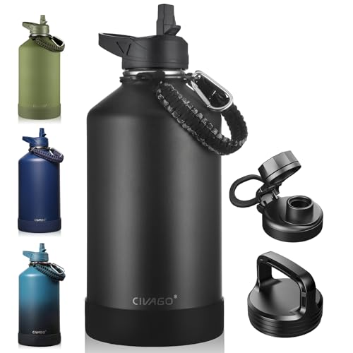 CIVAGO Gallon Insulated Water Bottle Jug with Straw, 128 oz Large Stainless Steel Water Flask, Big Metal Thermal Mug with 3 Lids for Sports, Travel, Gym, and Camping, Black - color: Black, size: 128 Ounces