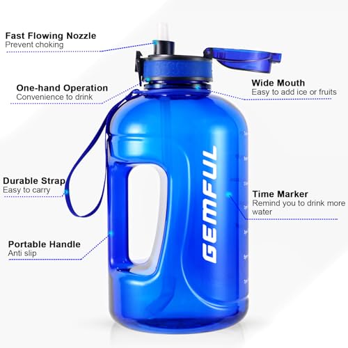 GEMFUL 2 Pack 3 Liter Water Bottle with Straw 101oz BPA-Free Leakproof Water Jug with Time Marker Handle for Gym Fiteness