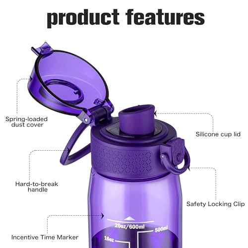 GOPPUS 20oz Kids Water Bottle with Time Marker & Handle, Tritan BPA-Free, Reusable Leakproof Anti-Dust Everyday, Clear Kids Water Bottles For School,Car Travel, Gifts Boys Girls(Dark Purple) - color: Dark Purple