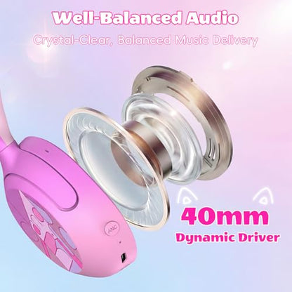 Kids Bluetooth Headphones with LED Cat Ears, Active Noise Cancelling Headphones for Kids, 85dB Safe Volume, 40H Play Time, Bluetooth 6.0, Fast Charging, Built-in Mic for iPad/Tablet/Airplane, Pink - color: Pink