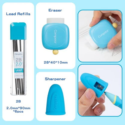 Ergonomic Pencil Set, 2.0mm HB Mechanical Pencils for Kids, School Supplies Include Sharpener, Eraser & 6 Extra Leads – Handwriting Aid for Preschool, Kindergarten, Homes, Blue, L - color: Blue