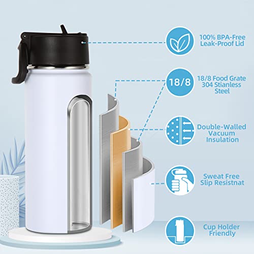 Volhoply 18oz Insulated Water Bottle Bulk 2 Pack,Kids Stainless Steel Water Bottles with Straw Lid,Double Wall Vacuum Metal Bottle,Wide Mouth Reusable Sports Flask for Cold Drink(White,2 Set) - color: White