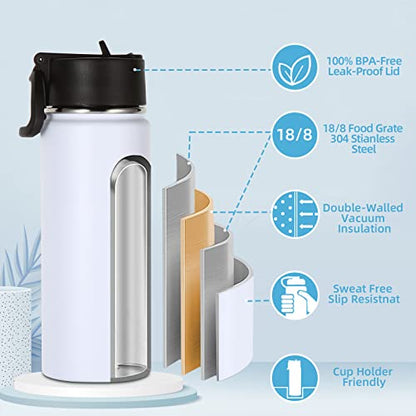 Volhoply 18oz Insulated Water Bottle Bulk 2 Pack,Kids Stainless Steel Water Bottles with Straw Lid,Double Wall Vacuum Metal Bottle,Wide Mouth Reusable Sports Flask for Cold Drink(White,2 Set) - color: White