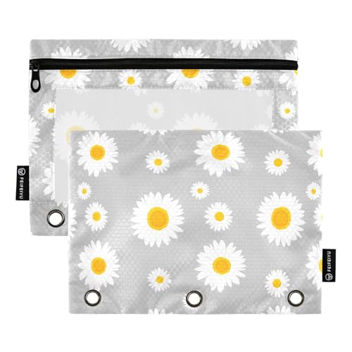 Gredecor Binder Pencil Pouch 3 Ring Beautiful Daisy Flower Zipper Pencil Pouches Case 2 Pack Grey Clear Binder Organizer for School Office - color: Beautiful Daisy Flower