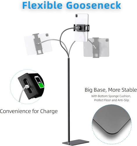 Tablet Floor Stand Holder with Flexible Gooseneck and Stable Base, Compatible with Tablet and Cell Phones (3.5''-9.7''), Black - color: Black