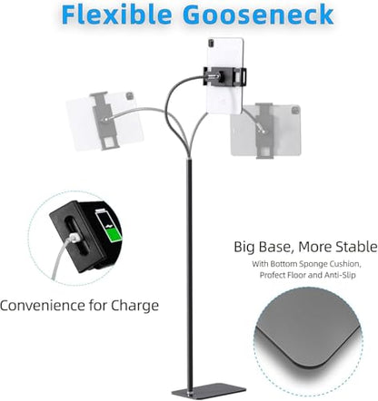 Tablet Floor Stand Holder with Flexible Gooseneck and Stable Base, Compatible with Tablet and Cell Phones (3.5''-9.7''), Black - color: Black