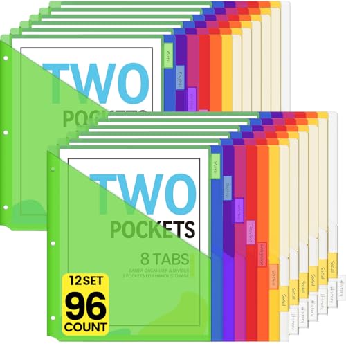 Sooez 96 Count Dividers with Pockets, Binder Dividers with tabs | Binder Dividers for 3 Ring Binders, Binder Divider with Pockets for US Letter Size, Insertable Big Tabs, Multicolor,Set of 12 - color: Green, size: 12 Sets