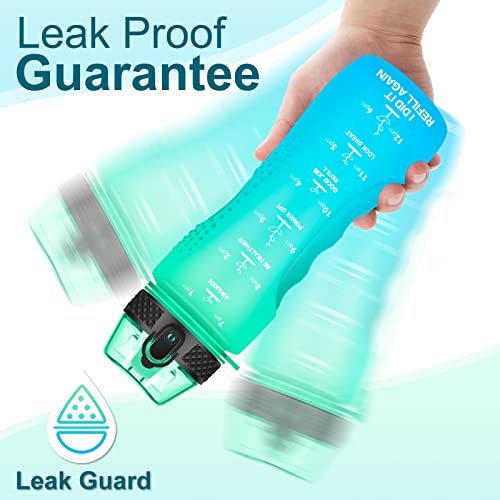 24 OZ Motivational Kids Water Bottle With Time Marker,Straw Lid,Leak Proof, Tritan BPA Free Sports Water Bottle Green-Blue(1 Lid) - color: Green Blue