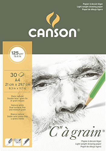 Canson "C à Grain A4 125g White Drawing & Sketching Paper Pad, 30 Sheets, Fine Grain Texture, Glued on Short Side, Ideal for Professional Artists - size: A4, style: 125gsm