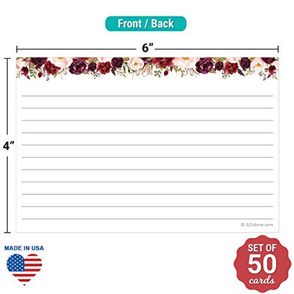 321Done Ruled Index Cards, 4x6, Set of 50, Red Roses on White | Made in USA - Lined Note Cards for Studying, Flashcards and Recipes, Heavy White Cardstock, Lines Both Sides, Home and School - size: Standard (4x6)