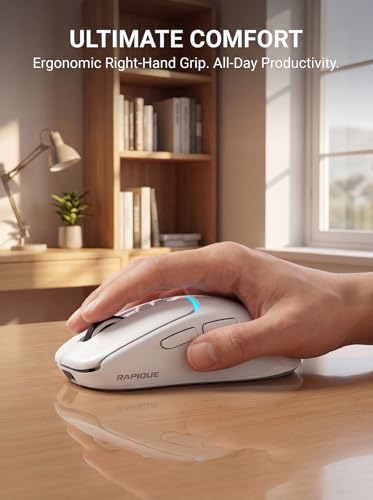 RAPIQUE Wireless Mouse for Laptop, Dual Bluetooth & 2.4G, Multi-Device for 3 Devices, USB-C Rechargeable, Quiet Click, 4 DPI Levels up to 3200, Ergonomic Right-Hand Mouse for MacBook, PC - White - color: White