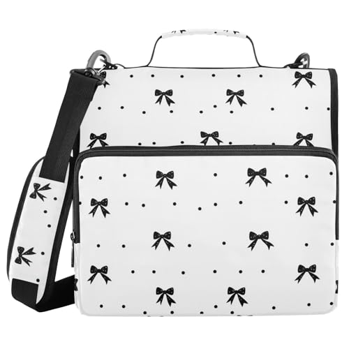 Black Bow Dot White Zipper Binder with Shoulder Strap Trapper Keeper 3 Ring Binder Organizer Large Capacity Multiple Compartments for School Office - color: Black Bow Dot