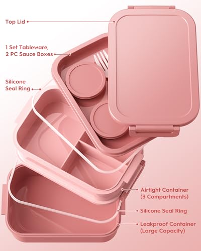 Adults Bento Box with Insulated Lunch Bag, 74oz Capacity 3 Stackable Leak-Proof Bento Box Built-In Utensil and Sauce, PFAS & BPA-Free, Microwave & Dishwasher Safe (Rose Pink) - color: Rose Pink