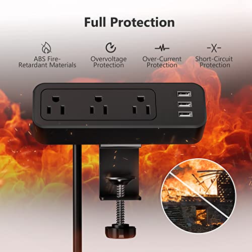 Desk Power Strip JSVER Desk Clamp Power Strip, Desk Mount USB Charging Power Station, Desk Multi-Outlets, 3 AC Outlets 6.5 ft Extension Cord Desktop Charging Clamp for Home Office Workshop