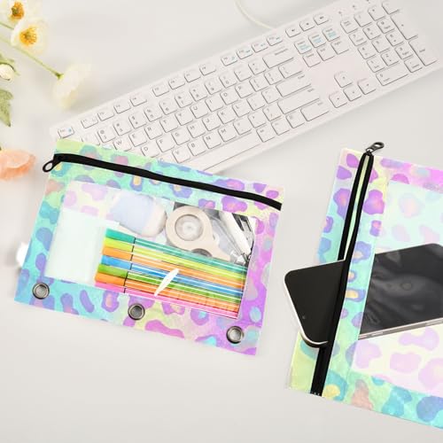 Kcldeci Pencil Pouch for 3 Ring Binder, Galaxy Leopard Spots Print 2 Pack Binder Pencil Pouch with Clear Window Pencil Bags with Zipper Pencil Case for Binder - color: B02
