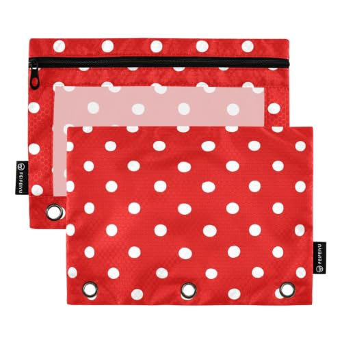Binder Pencil Pouch for 3 Ring Binder Pencil Case Bags Red Polka Dot with Zipper Clear Window 2 Pack - color: Red Polka Dot