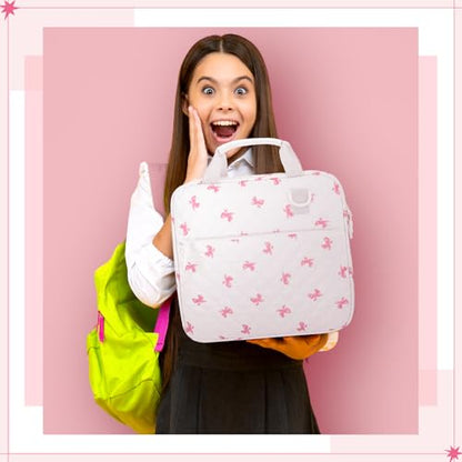 Zipper Binder Folder Keeper with Strap 2 Inch 3 Ring Multi-Pocket Zipper Bag for 13" Laptop 5-tab Expanding File Folder for Women Men Office Middle High School(White,Pink Bow) - color: White, style: Pink Bow