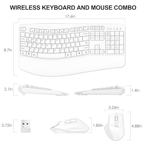 Wireless Keyboard and Mouse Combo, 2.4G Full Size Wave Keys Ergonomic Keyboard with Wrist Rest and 3-Level DPI Adjustable Wireless Ergonomic Mouse for Windows, Mac OS Desktop/Laptop/PC(White) - color: White