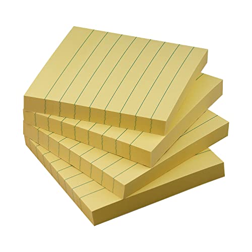 Lined Sticky Notes 3x3 in, Self-Adhesive, 4 Pads, 90 Sheets/Pad (Yellow) | Strong Self-Adhesive Backing, Sticks Firmly and Removes Cleanly - color: Yellow