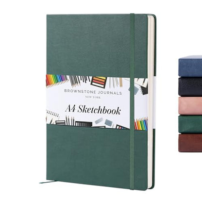 BROWNSTONE JOURNALS A4 Sketch Book Hardcover - 80 Sheets 100 GSM Paper 8.5"x11.5", Lay Flat, Vegan Leather Cover, Elastic Band, Back Pocket, Art Drawing Book (Dartmouth Green) - color: Dartmouth Green, size: A4 (8.5" x 11.5")