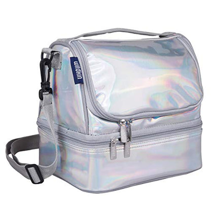 Wildkin Two Compartment Lunch Bag, Holographic | Two compartments keep lunch and snacks separate, PEVA-lined main section, ages 5+ — clean solid colors - color: Holographic