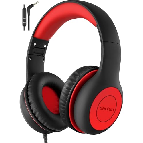 EarFun K1 Kids Headphones Wired with Microphone, 85/94dB Volume Limit Headphones for Kids, Portable Wired Headphone with Shareport, Stereo Sound Foldable Headset for School/Tablet/iPad, Black Red - color: Black Red