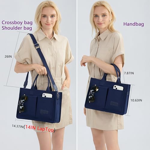 ZHMO Canvas Tote Bag for Women,Women's Bags Crossbody Bags Work Laptop Tote Bag Large Handbags Purse for Travel Nurse Teacher - color: Navy Blue With Compartments