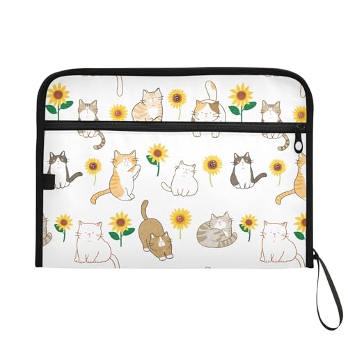 Cartoon Cat Sunflower File Folders,Plastic Folders with 13 Pockets,Expandable File Folder for Documents School Students Office,Aesthetic Folder with Labels A4 Letter Size - color: Multi 15
