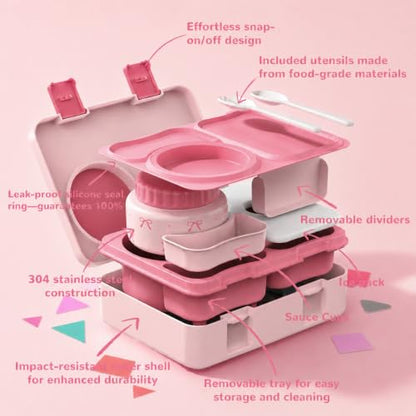 Kids Lunch Box with Thermo, Leakproof Bento Box for Kids with 8OZ Insulated Food Jar, Ice Pack, Sauce Cup, Utensils, Removable Tray & Dividers for School Daycare Travel (Bows) - color: Bows